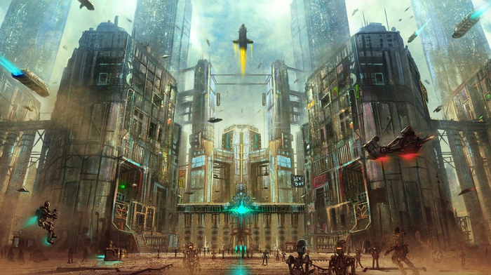 futuristic, robot, city, spaceship, artwork