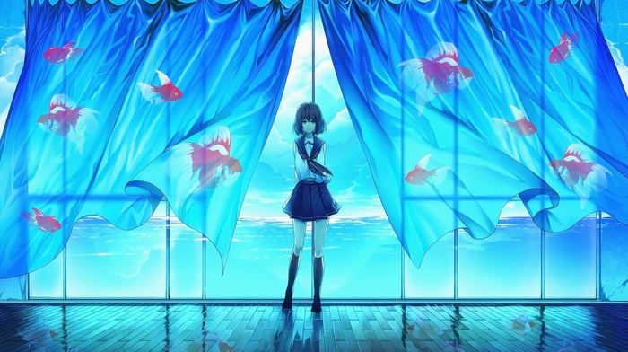 fish, curtains, anime, goldfish, original characters