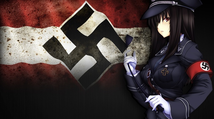 red eyes, anime, gloves, black hair, long hair, Nazi, original characters, uniform
