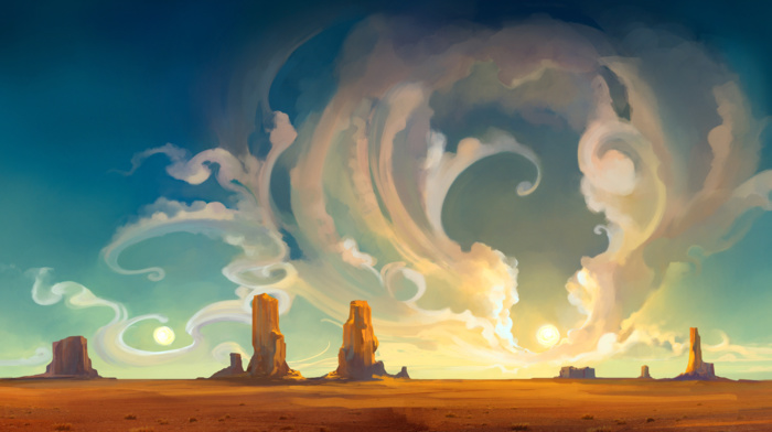 rock, fantasy art, desert, painting, landscape, Sun, clouds, sky, smoke