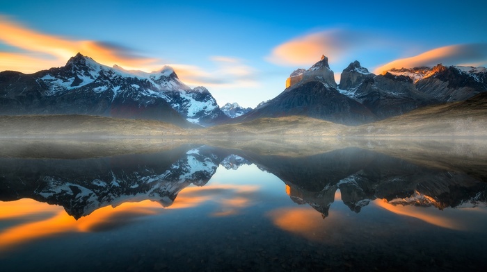 water, mountain, landscape, lake, sunset, nature, Torres del Paine, Chile, clouds, reflection, snowy peak, mist