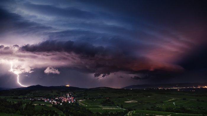 sky, nature, storm, lightning, sunset, field, clouds, landscape, Austria, lights, village