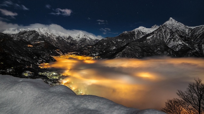 Alps, landscape, clouds, snow, cityscape, Italy, mist, mountain, evening, stars, nature, lights