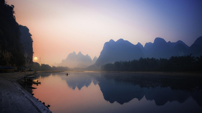 calm, China, water, mist, reflection, mountain, nature, sunrise, landscape, boat, palm trees, river