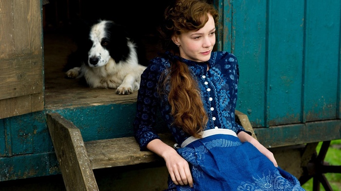dog, Carey Mulligan, blue dress, long hair, dress, actress, girl, animals