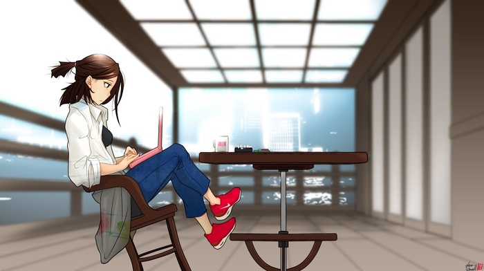 chair, table, computer, city, anime girls