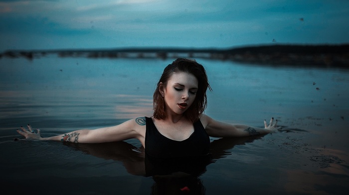 girl, wet body, river, tattoo, closed eyes