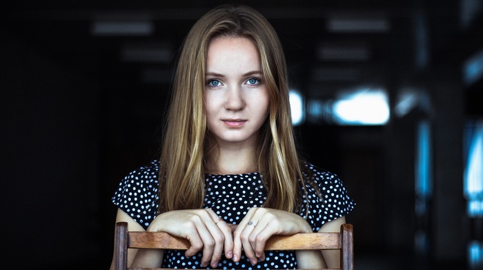 blonde, portrait, face, girl, chair