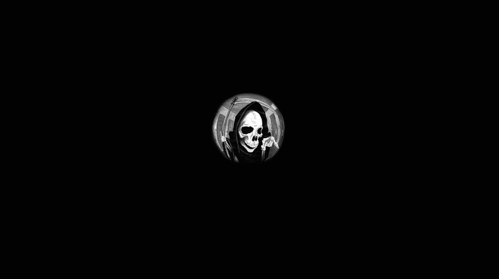 skeleton, grim reaper, spooky, hallway, scythe, monochrome, drawing, fisheye lens, black background, skull, simple background, door, death, digital art, minimalism, bones