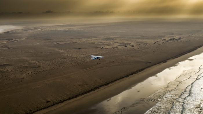 landscape, flying, horizon, coast, sun rays, nature, mist, aerial view, Africa, waves, Morocco, sea, water, airplane