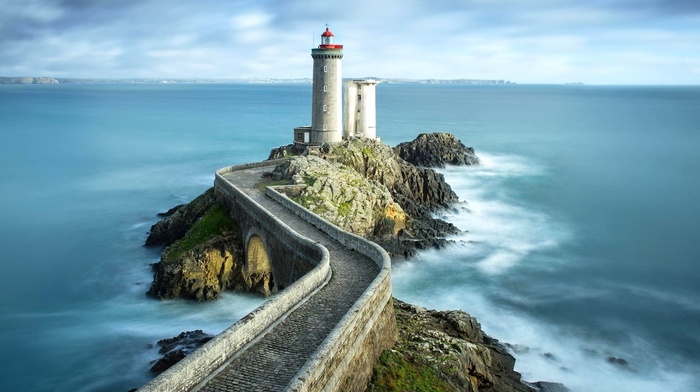 sea, stones, France, nature, lighthouse, landscape, long exposure, waves, horizon, path, bridge, clouds, coast, tower, water, rock