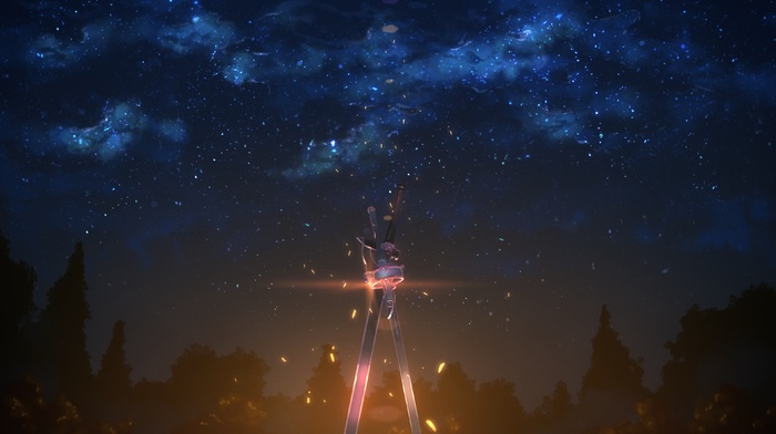 sky, stars, night, anime, sword art online, Yuuki Tatsuya, sword, weapon