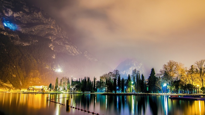 night, nature, lake, mountain, city, trees, water, Italy, lights, landscape, mist, reflection