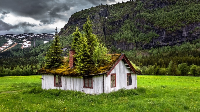 summer, clouds, mountain, grass, abandoned, nature, Norway, landscape, green, house, trees