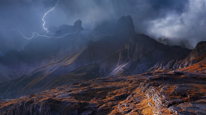 lightning, storm, nature, Dolomites mountains, mountain, clouds, landscape, Italy, mist, sky, summer