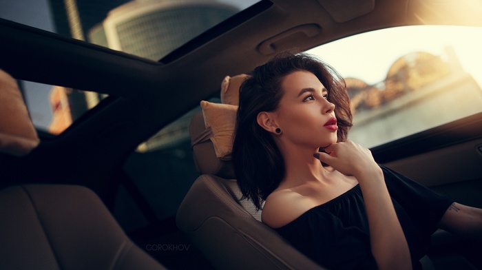 girl with cars, girl, painted nails, red lipstick, car, brunette, Ivan Gorokhov