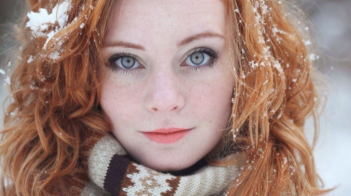 girl outdoors, face, scarf, Freyja Vanden Broucke, redhead, pale, freckles, snow, blue eyes, girl