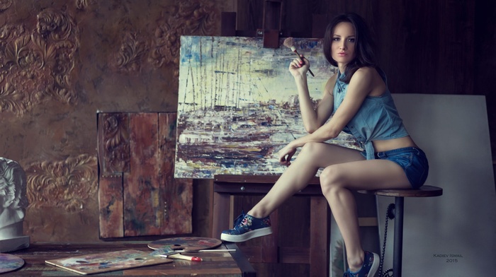 painting, sitting, girl, sneakers, jean shorts