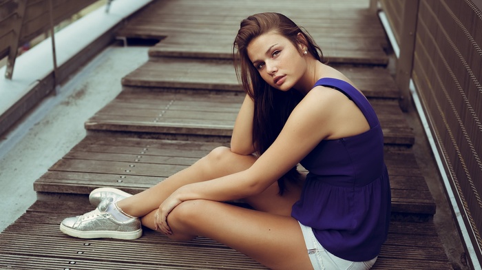 ladders, sitting, looking at viewer, girl