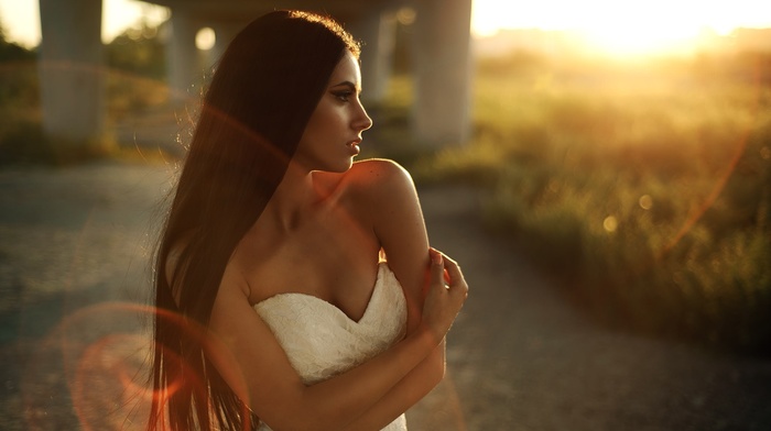 white dress, girl, looking away, face, portrait