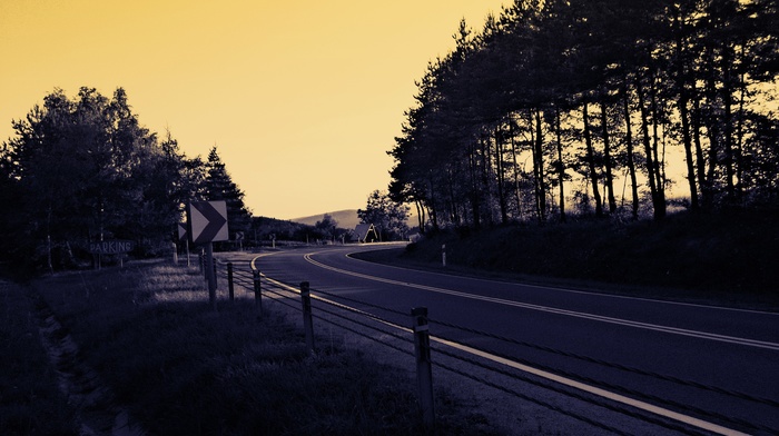 road, landscape, road sign, sunset, trees, shadow, evening, fence