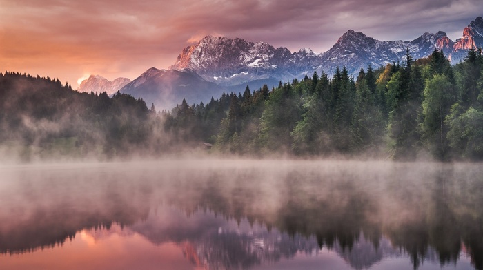 mist, clouds, landscape, nature, sunrise, lake, mountain, reflection, forest, Germany, trees, snowy peak, water