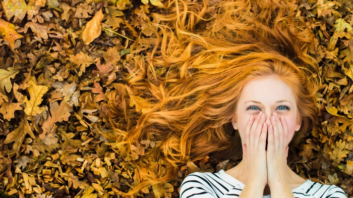 girl, laughing, leaves, striped, model, redhead