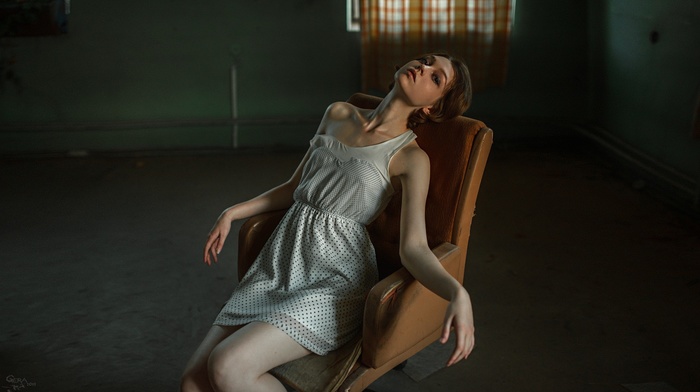 model, white dress, dress, brunette, skinny, sitting, girl, Georgiy Chernyadyev, chair, stockings