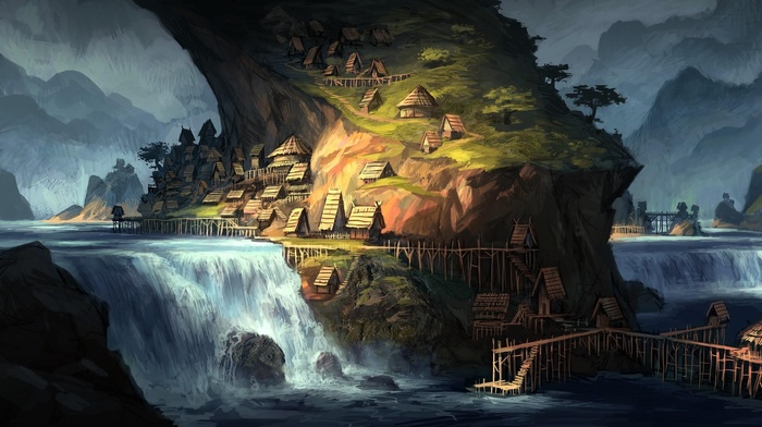 house, hill, artwork, water, river, villages, waterfall, village, fantasy art