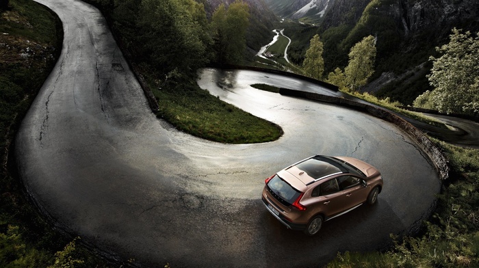 Volvo, road, car, mountain, trees, river, landscape