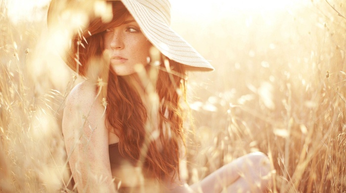hat, redhead, looking away, freckles, long hair, girl outdoors, girl, plants