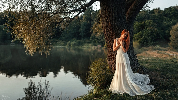 redhead, girl outdoors, white dress, girl, nature, model