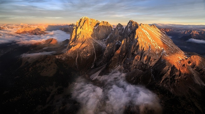 Dolomites mountains, clouds, Alps, landscape, aerial view, mountain, nature, Italy, sunrise