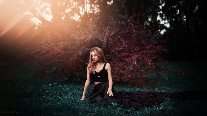 skirt, sitting, girl outdoors, grass, girl