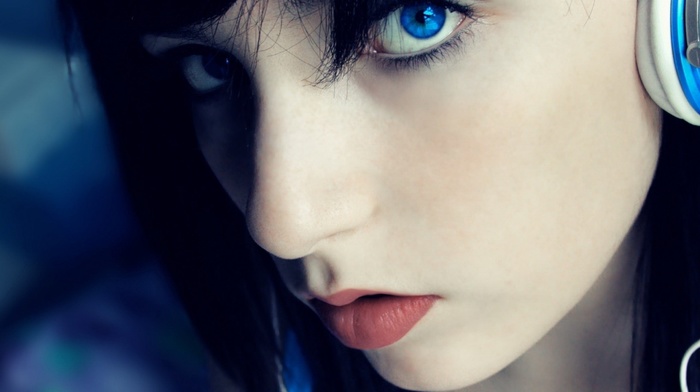 closeup, blue eyes, headphones, face, girl
