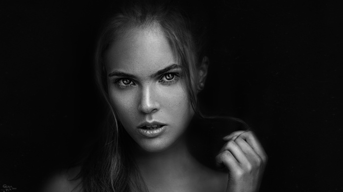face, black background, monochrome, girl, open mouth, Georgiy Chernyadyev, portrait