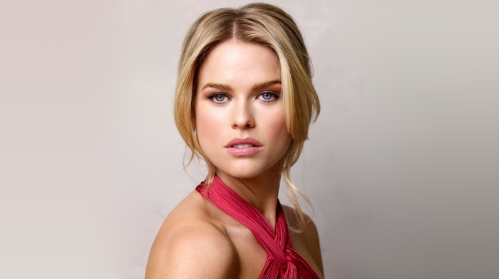 Alice Eve, actress, blonde, heterochromia, simple background