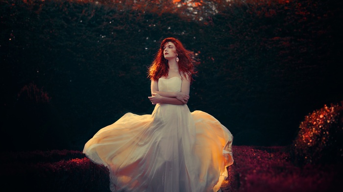 girl, red lipstick, sunlight, long hair, model, makeup, looking away, trees, nature, white dress, curly hair, bare shoulders, redhead, girl outdoors