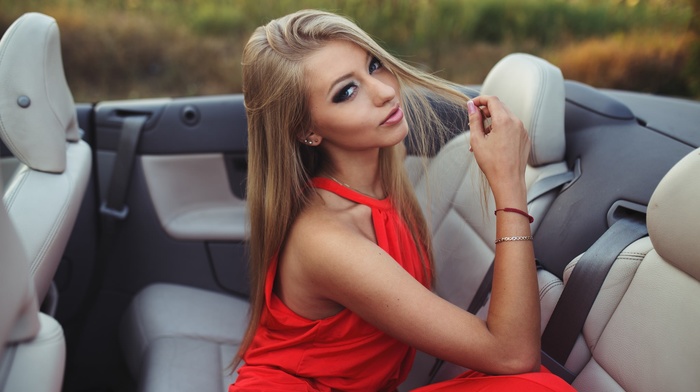 red dress, car, sitting, blonde, girl