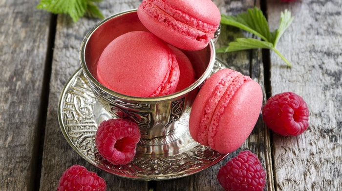 raspberries, macaroons, fruit, food, sweets