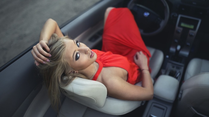 red dress, car, sitting, looking at viewer, girl, blonde