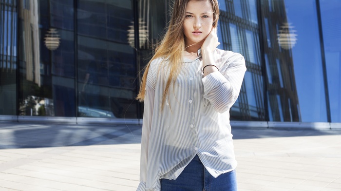 portrait, girl, blonde, jeans