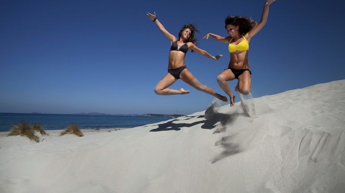 jumping, sand, model, girl outdoors, girl