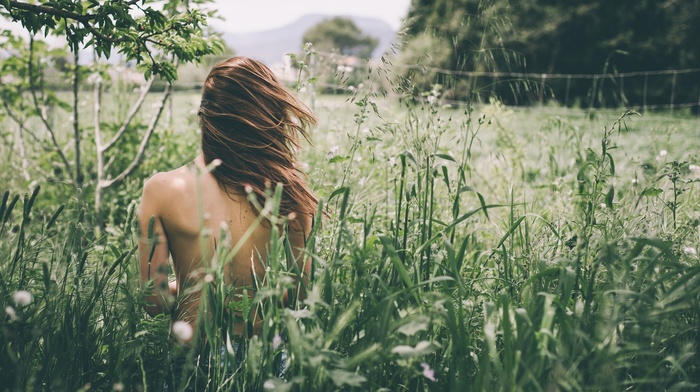 girl, filter, model, nature, back, brunette, topless, girl outdoors, field, grass
