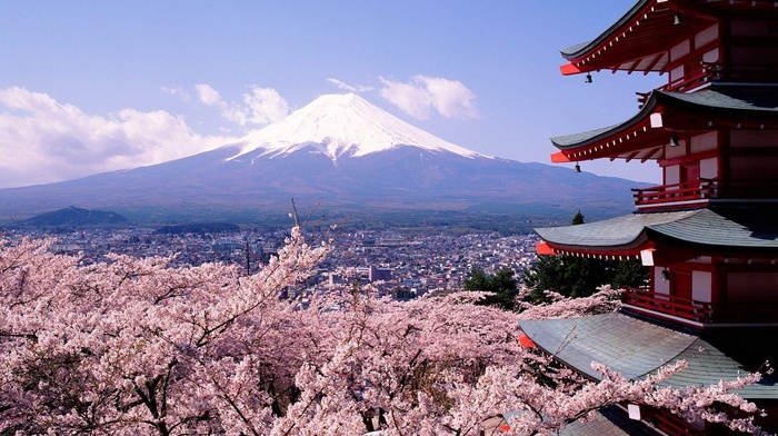 vulcano, Mount Fuji, Asian architecture, landscape