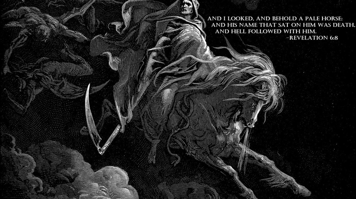 Heaven  Hell, horse, death, apocalyptic, Gustave Dor, drawing, Holy Bible