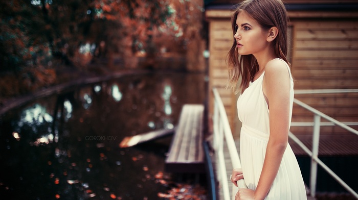 fall, dress, girl outdoors, blurred, Ivan Gorokhov, white dress, auburn hair, water, girl