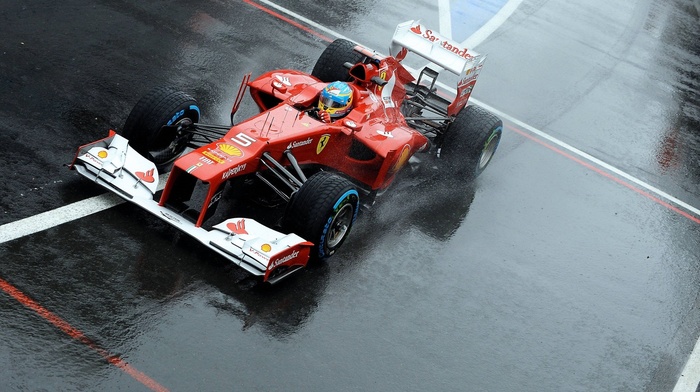 ferrari formula 1, water drops, Formula 1, rain, car, race cars, wet, Fernando Alonso, Ferrari, road