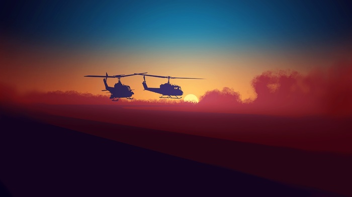 minimalism, clouds, sunset, military, helicopters