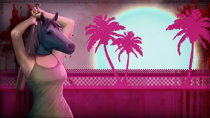 mask, palm trees, hotline miami, girl, video games